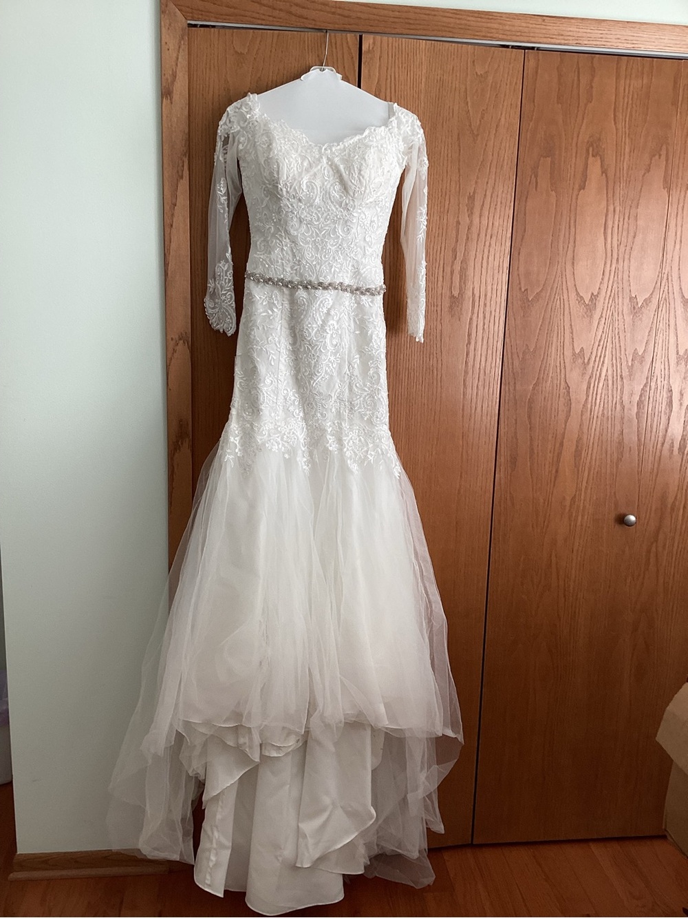 David's Bridal Ivory Lace Long-Sleeve Mermaid Gown with Beaded Waist